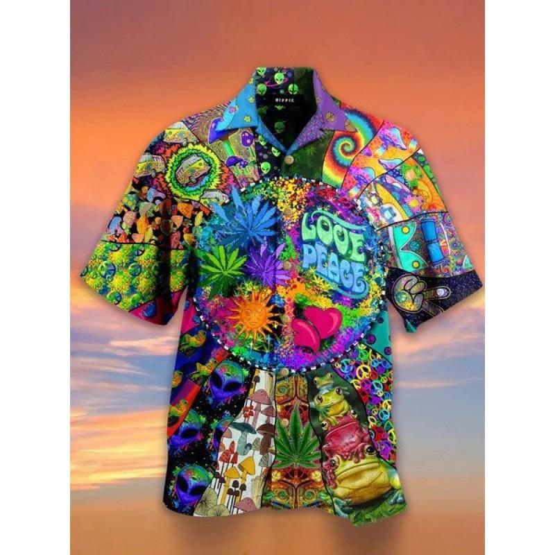 Mens Short Sleeve Shirt 3D Digital Print Casual Open Front Loose Fit Top Young Adults