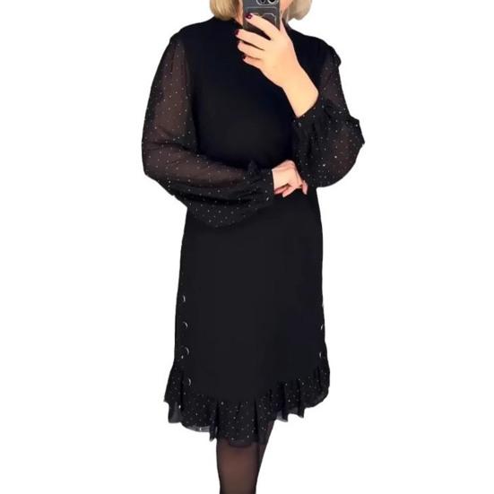 Women Midi Dress Long Mesh Balloon Sleeve with Dot Printing Ruffle Hem