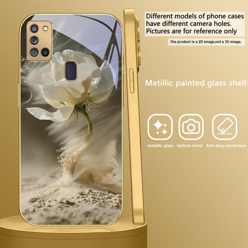 Vintage Desert Pink Rose For Samsung A 31 32 A33 A34 35 14 A15 13 16 25 26 50 52 53 54 55 56 70 71 72 73 Golden glass phone case
