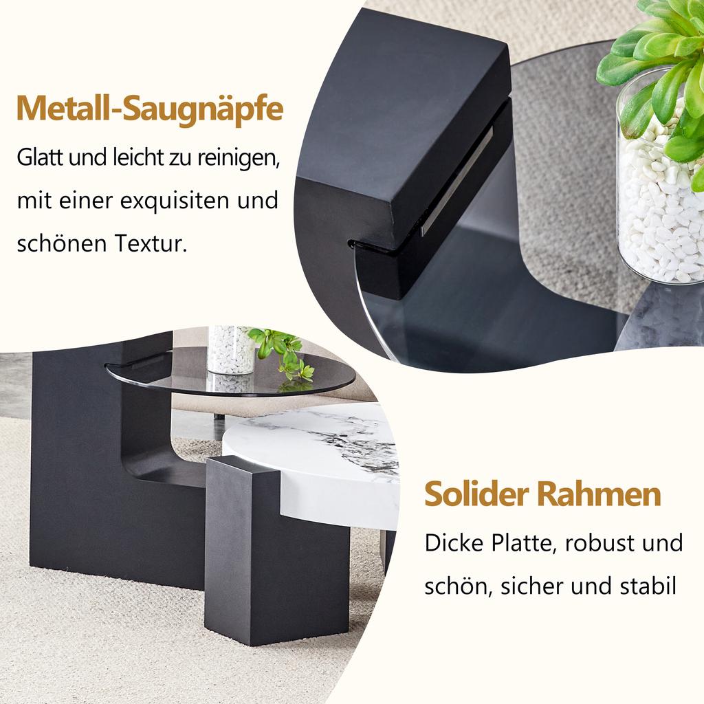 Modern round side table, two levels, grey glass plate, black MDF, L-shape. White marble-look tabletop. Disassemblable design, flexible space use.