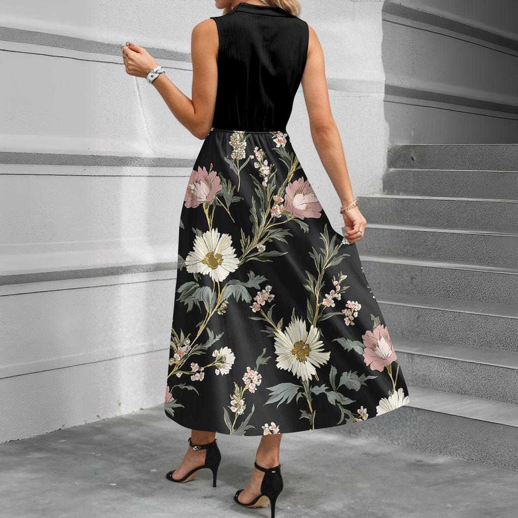Women's Casual And Fashionable V-neck  Sleeveless Printing Mid Length Dress