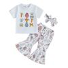 Toddler Girl Easter Outfits Short Sleeve Round Neck T-Shirt + Egg Bunny Print Flare Pants + Bow Headband 3 Pcs Set