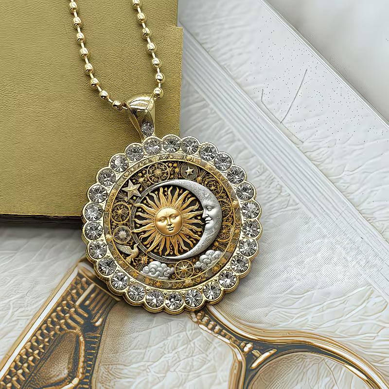 Retro Gold Geometric Sun and Moon Pendant Necklace for Women, Suitable for Daily Parties and Dances in All Seasons