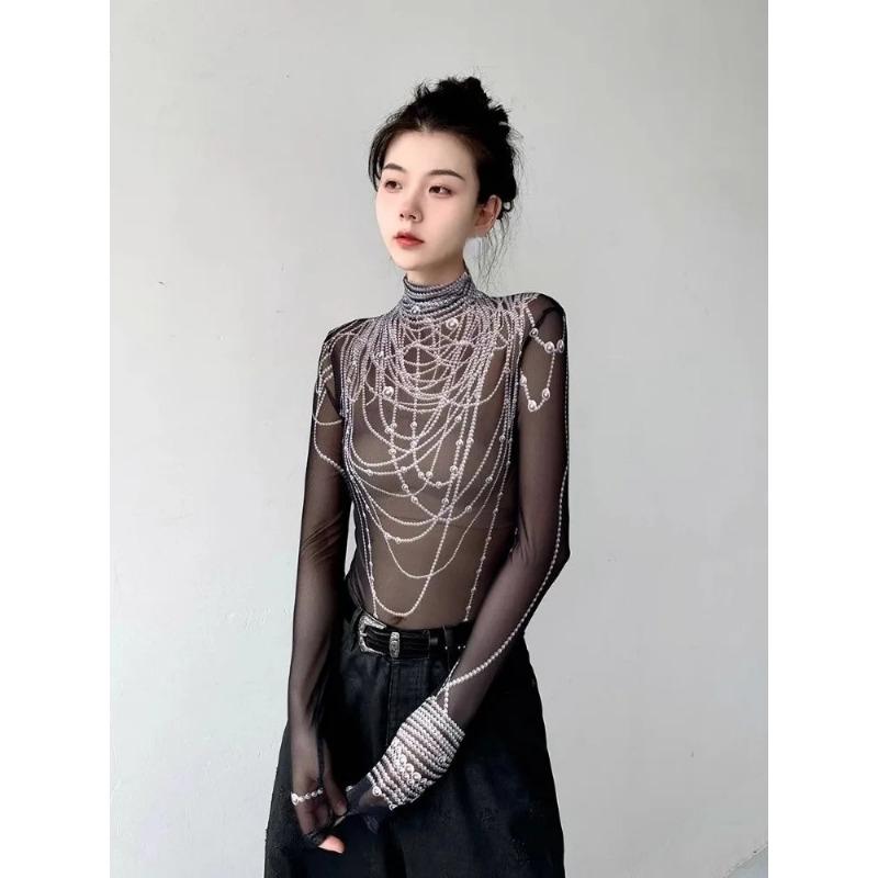 Футболки с высоким воротником и 3D жемчужным принтом, новые весенние облегающие футболки с прозрачной сеткой Y2k, женские топы с длинными рукавами для девочек
