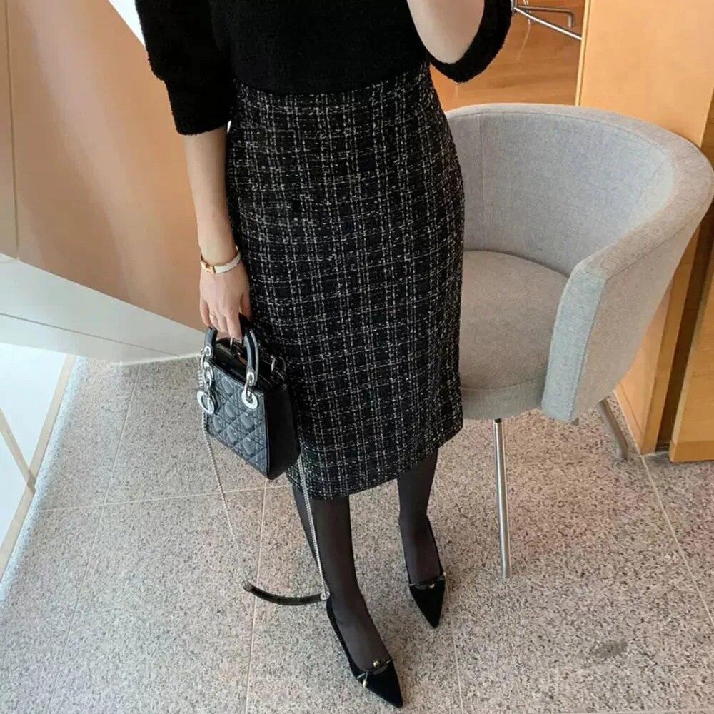 Женские юбки из твида для офиса, средней длины, с высокой талией, в деловую клетку, элегантная юбка-карандаш с одной ногой Faldas