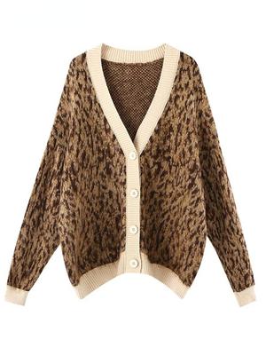Зимний бежевый женский кардиган с леопардовым принтом на пуговицах, куртка оверсайз, свободный зеленый толстый теплый вязаный кардиган для женщин C-047