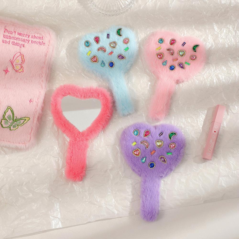 Plush Handle Mirror Portable Heart Shape Makeup Mirror Diamond Cosmetic Mirror For Girl Women Creative Gift Home Decoration