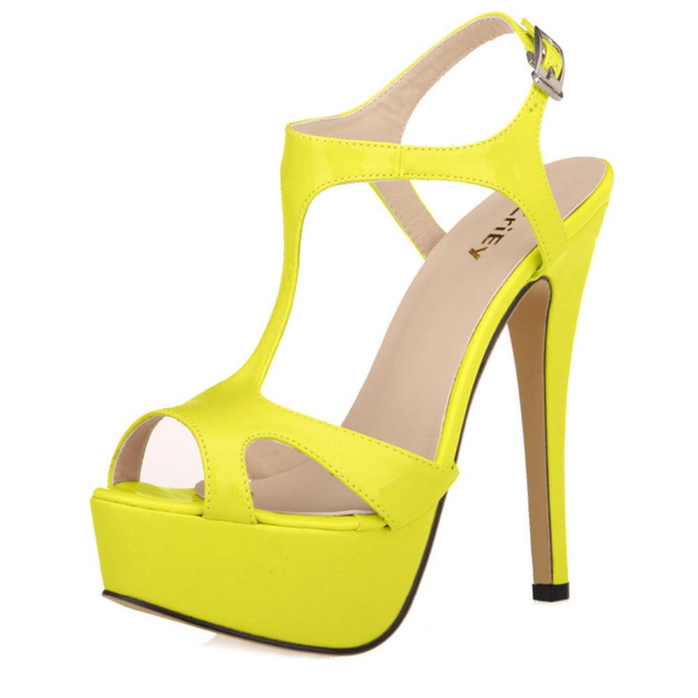 New Women Sandals 14cm Sexy T-Strap Peep Toe Platform Summer Red Wedding Shoes Patent Leather Thin High Heels Shoe