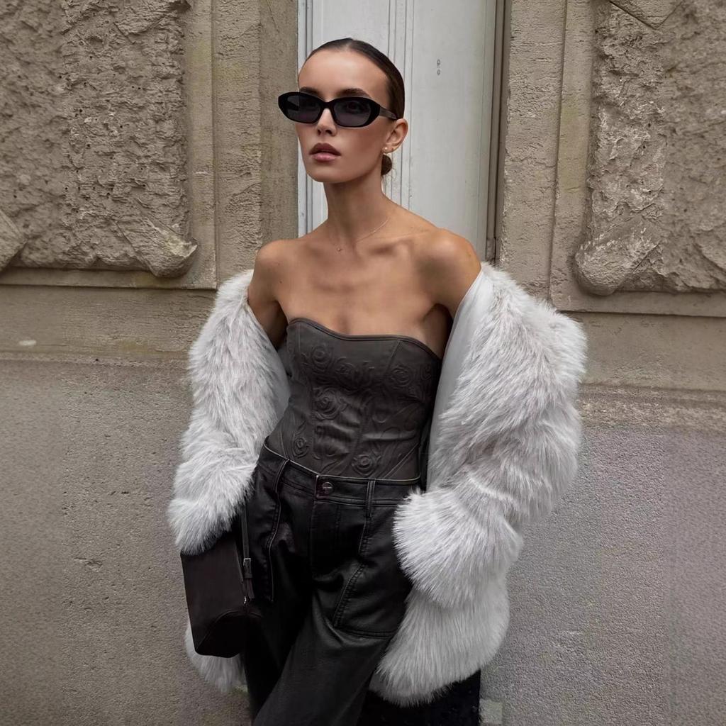 Экологичное женское пальто средней длины из искусственного меха - Теплая пушистая зимняя куртка