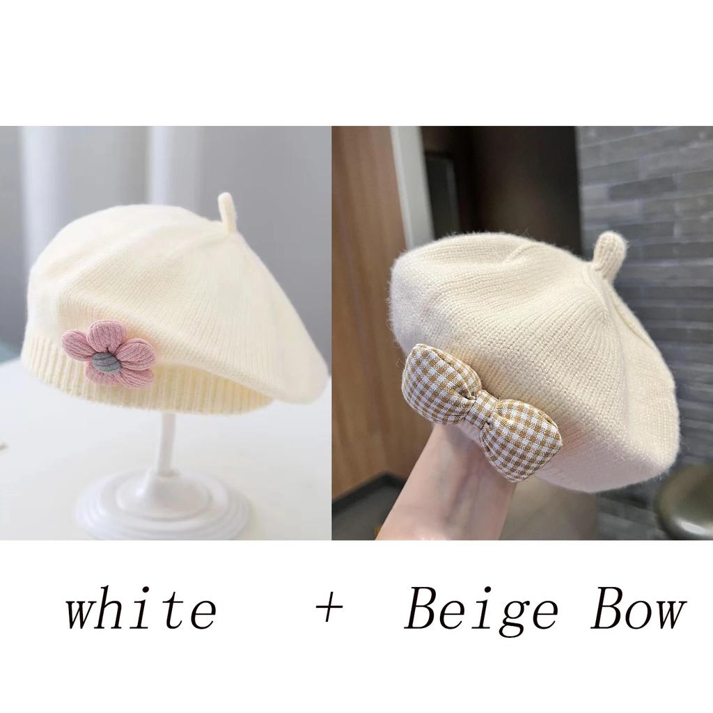Flower Baby Beret Hat Winter Warm Knitted Beanie Cap for Infant Girls Korean Toddler Princess Artist Solid Color Painter Caps