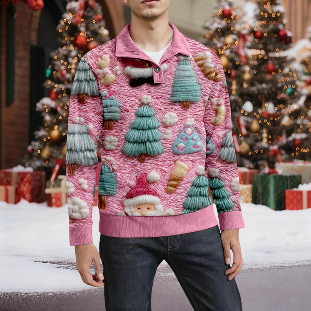 Мужская рождественская хлопковая рубашка-пуловер с длинным рукавом для активного отдыха, винтажная вельветовая рубашка с воротником-стойкой и пуговицами, повседневная толстовка с рождественским принтом