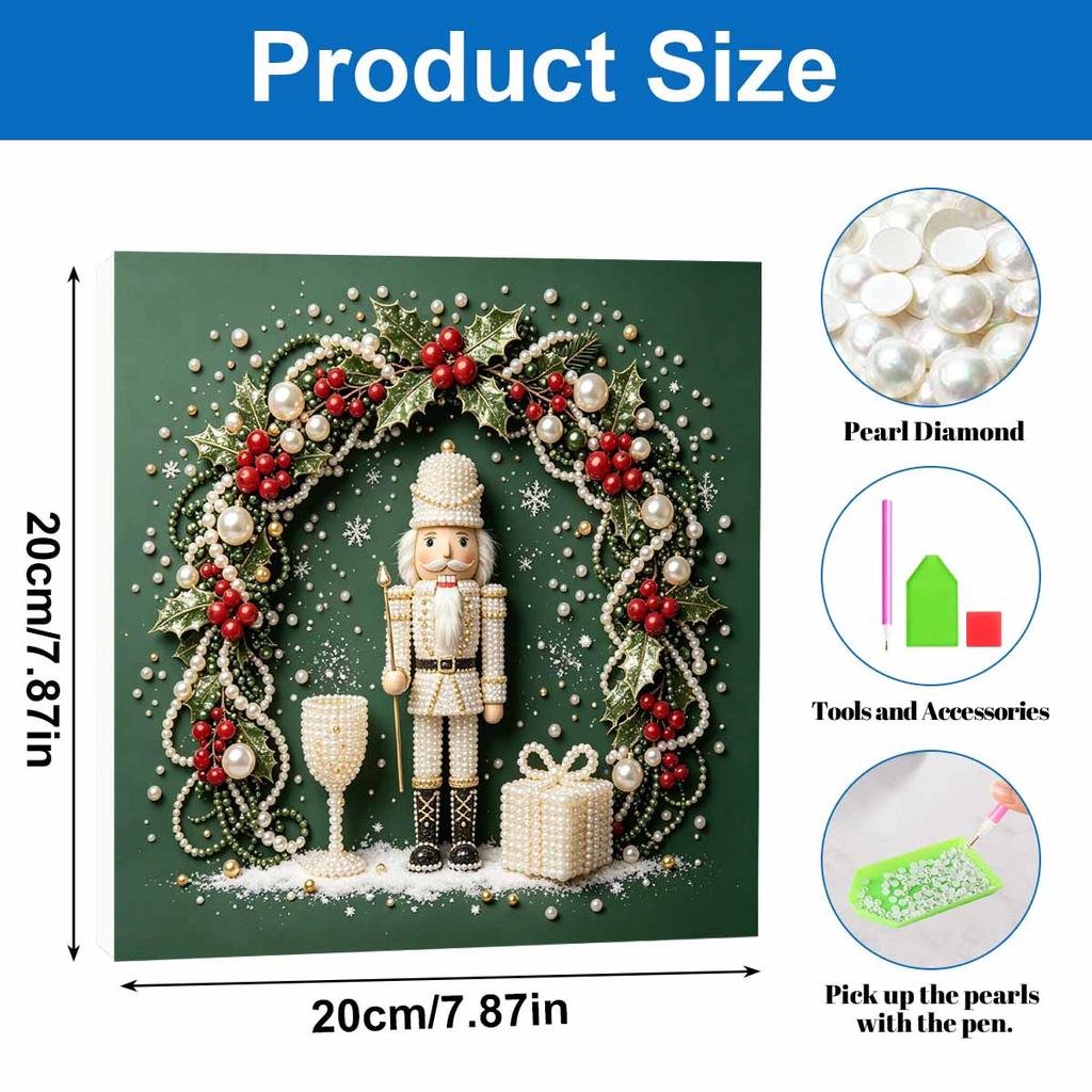 Framed Pearl Art DIY Kit with Christmas Nutcracker and Holly Wreath 3D Sparkling Bead Canvas Painting Handmade Gift for Home Decoration