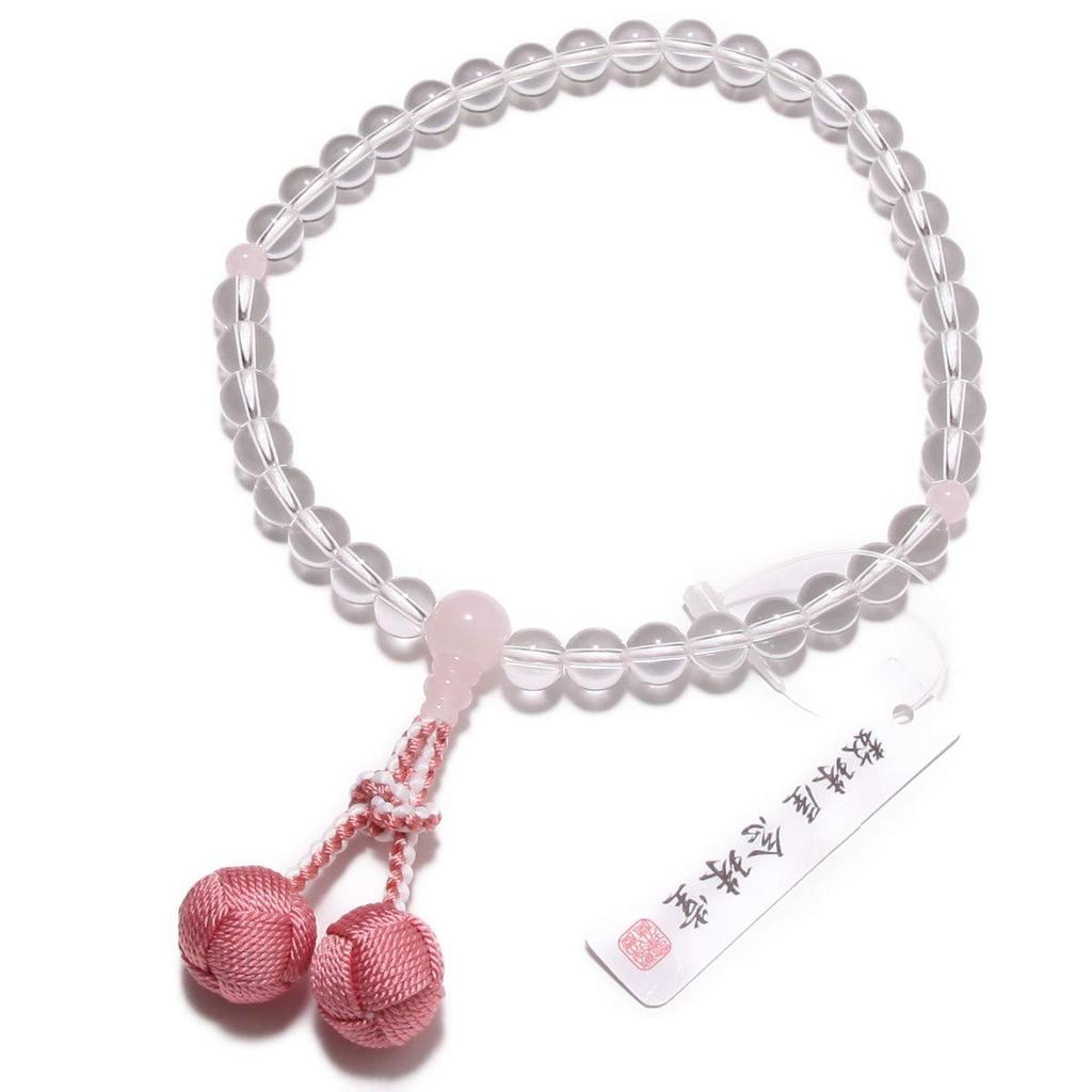 Nenjudo Made in Japan Women's Prayer Beads, Made with Genuine Crystal and Rose Quartz, Silk Tassel, and Prayer Bead Bag, Suitable for All Sects