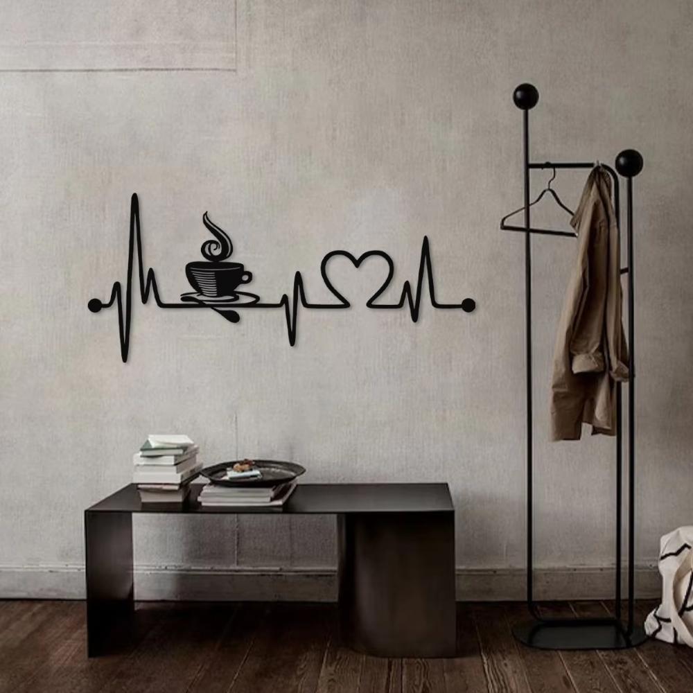 1pc Classic Coffee Heartbeat Metal Wall Sign, Decorative Coffee Lover Stand Art Humorous Bar Counter Decor Home Heartbeat Decor