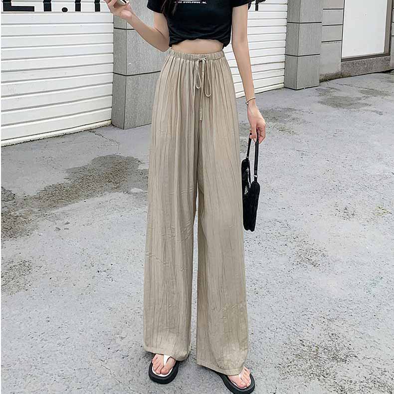 Pleated Ice Silk Wide Leg Pants for Women's Summer High Waisted Draped Cool Pants Straight Tube Loose Casual Pants
