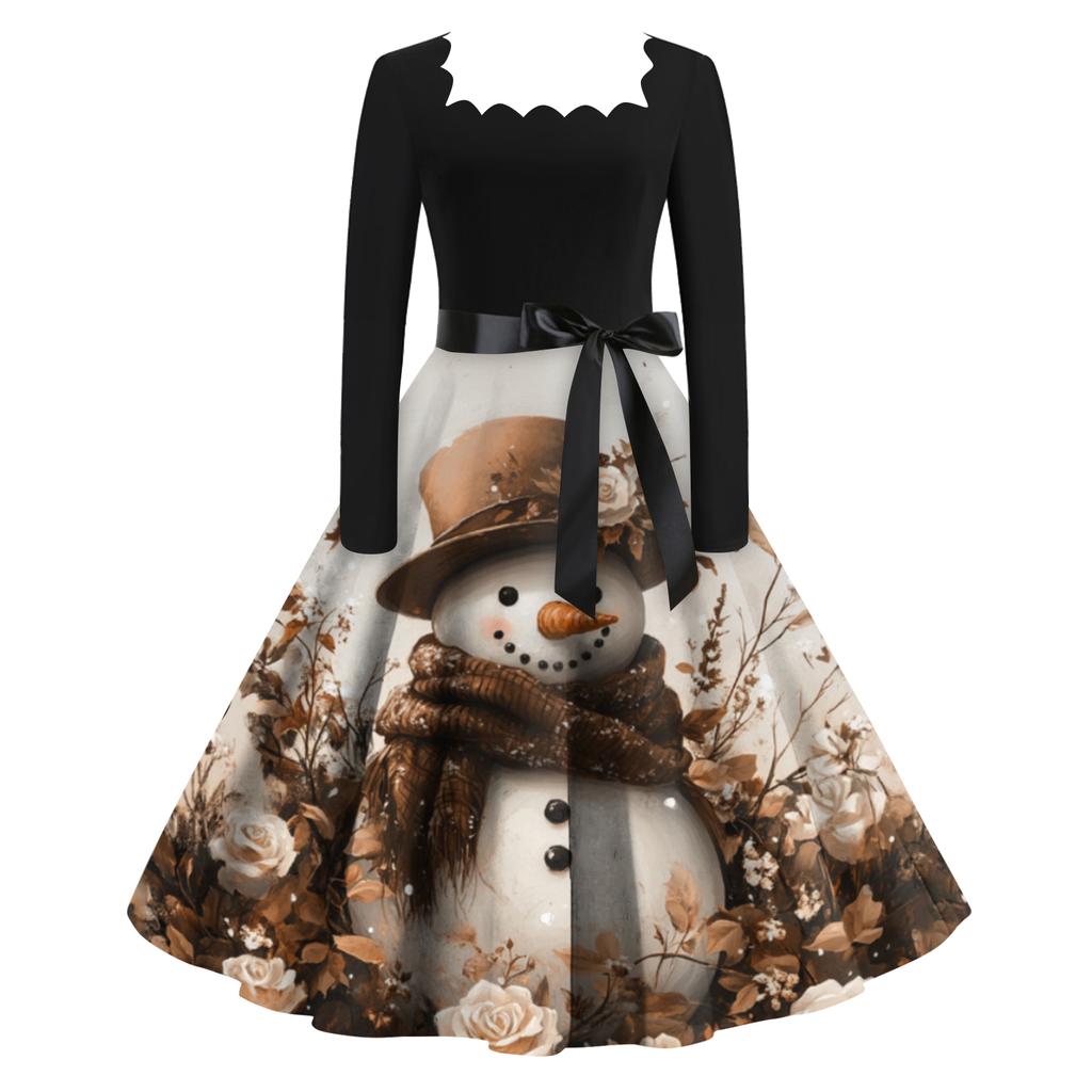 Женское модное ретро вечернее платье с длинным рукавом, квадратным вырезом и рождественским принтом