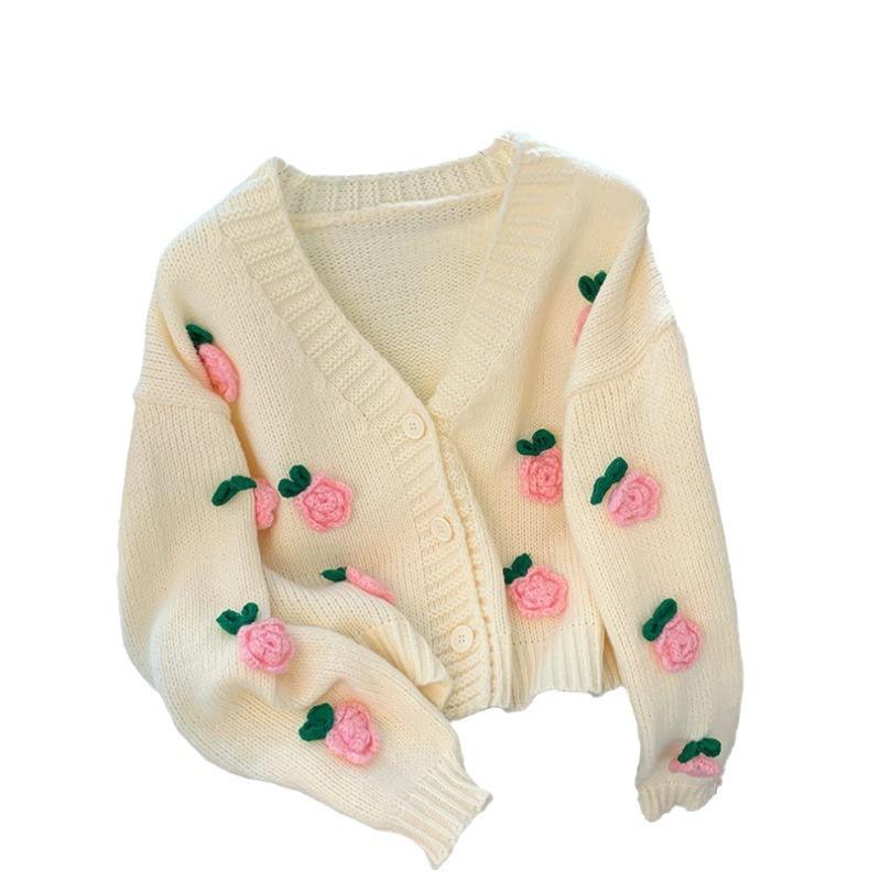 Romantic three-dimensional flower knitted cardigan autumn and winter new style foreign style versatile outer sweater jacket women
