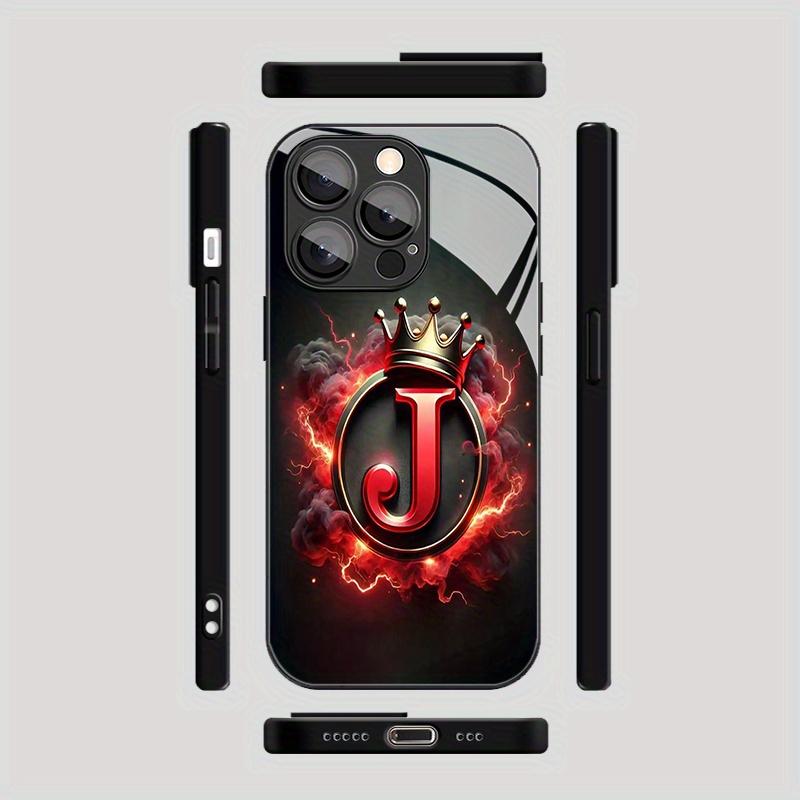Закаленное стекло для телефона с узором 'Корона Пламя Буква J' для iPhone 17 16 15 14 13 12 11 Pro/Max/Plus, Ударопрочная задняя крышка