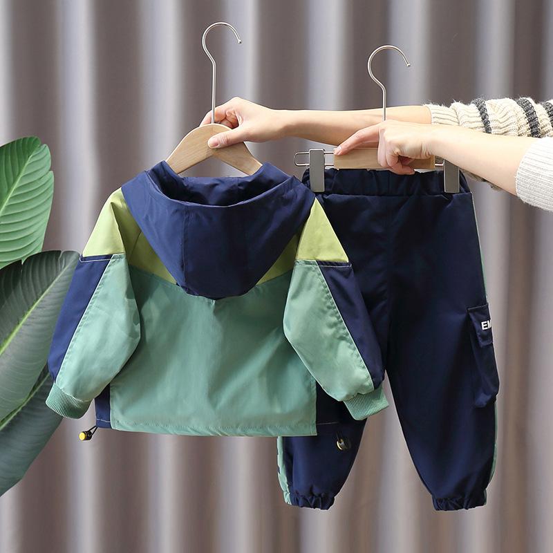 Chłopięcy Zestaw Sportowy Wiosna/Jesień: Bluza z kapturem Color Block + Spodnie Casualowy Zestaw Dwuczęściowy