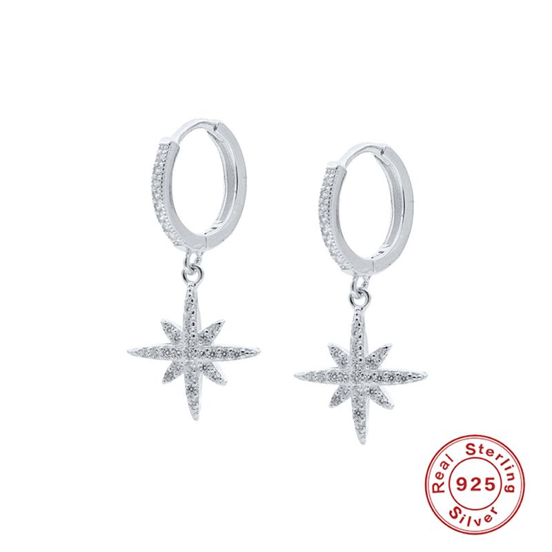 Серьги-кольца из стерлингового серебра 925 пробы с бриллиантовой восьмиугольной звездой для женщин, серьги для пирсинга, серьги с пряжкой для ушей, ювелирные изделия с подвесками