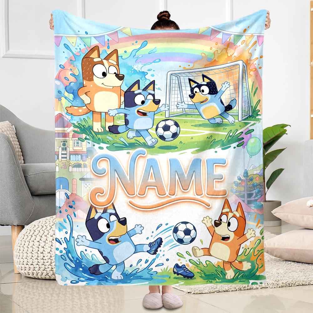 Bluey's Soccer Fun Personalized Text Blanket Multi-purpose Personalized Blanket Soft Warm Cozy Suitable for Seaside Picnics Nap Office Chair