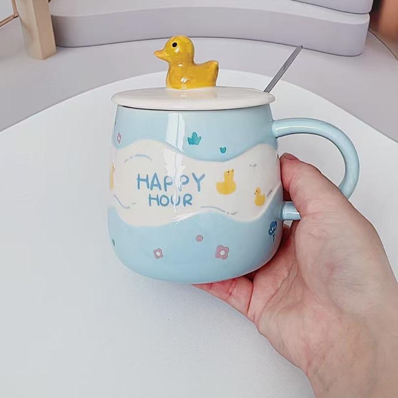Керамическая чашка с мультяшным дизайном, с крышкой и ложкой, масляный утенок, для микроволновой печи, можно нагревать воду, забавная кружка, керамическая чашка
