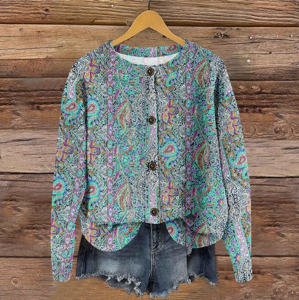 Women's Vintage Knit Button Vintage Print Cardigan Jacket