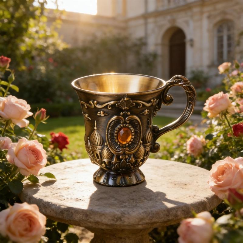 Elegant Embossed Metal Small Wine Drinking Cup Goblet with Handle European Engraving Shot Glasses For Home And Party Use
