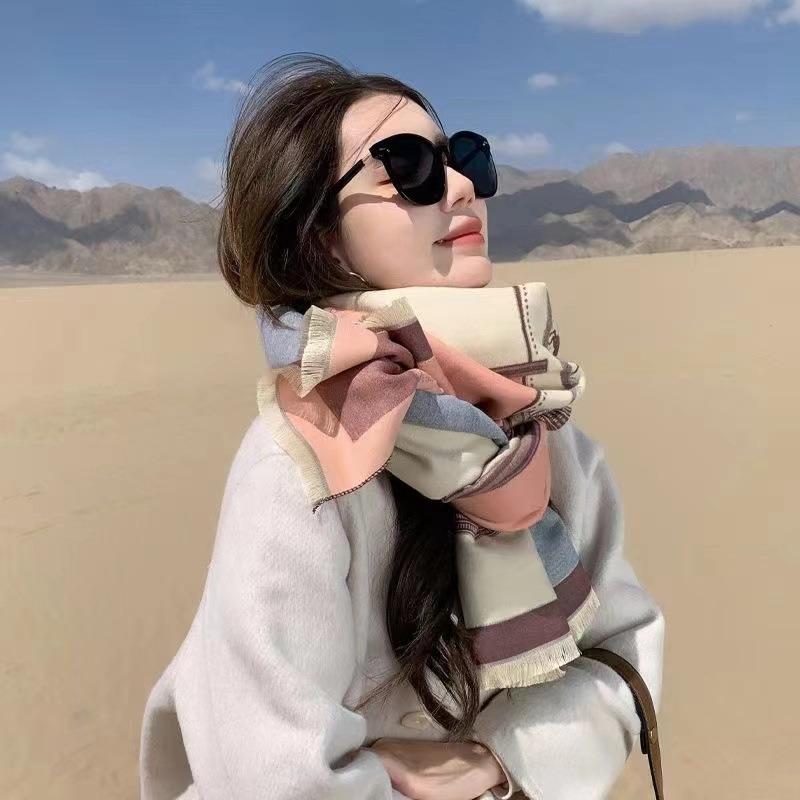Korean Style Contrast Color Imitation Cashmere Plaid Scarf Women's New Winter Warm Fashion Chain Scarf Fleece-lined All-match Shawl