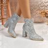 Fashion Full Diamond Block Heel Single Boots Women's Fashion Pointed Toe Rear Zipper Non-Slip Short Boots