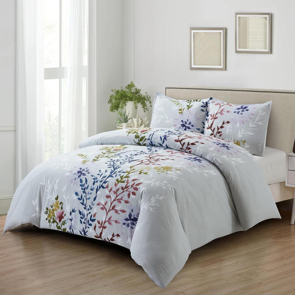 White Leaf Three-piece Quilt Cover Digital Printing Bedding Set Simple Flower Bed Cover