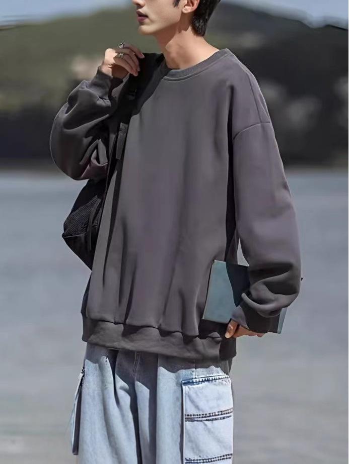 Men's Trendy Loose Round Neck Hoodie - Autumn/Winter, Long Sleeve, Plain Color, Versatile Design