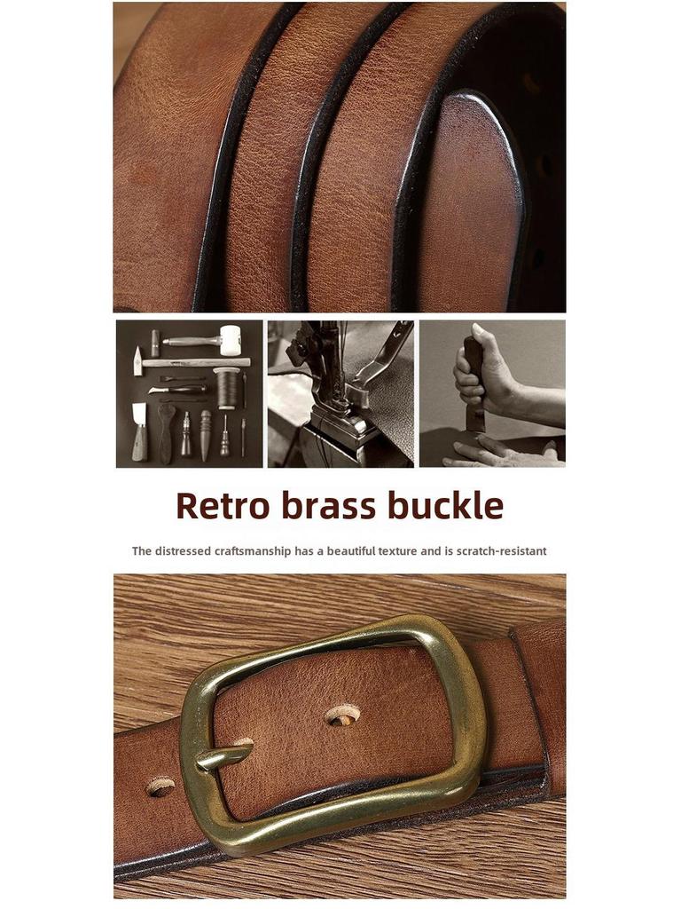 Мужской модный ретро-ремень из кожи ручной работы с медной пряжкой