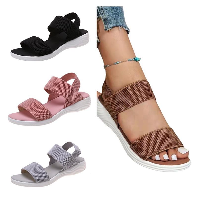 Summer Large Size Women's Shoes Casual Elastic Flat Sandals With Back Strap Fly Knitted Polyurethane Characters)