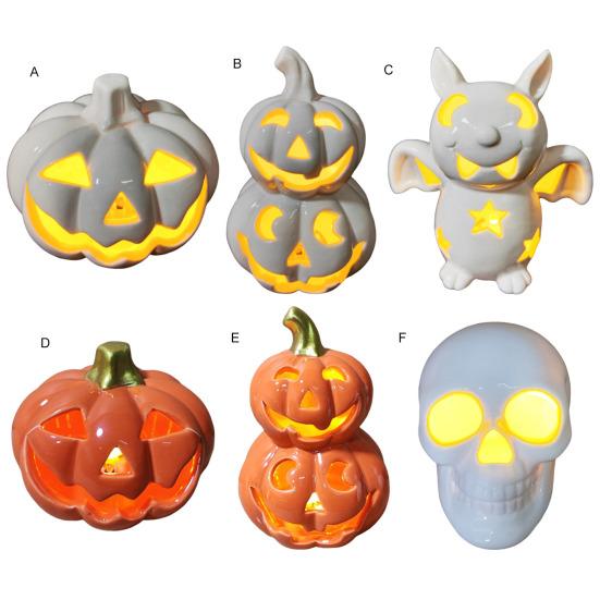 Light Up Halloween Decoration Ceramic Carved Pumpkin Skull Bat Figurine