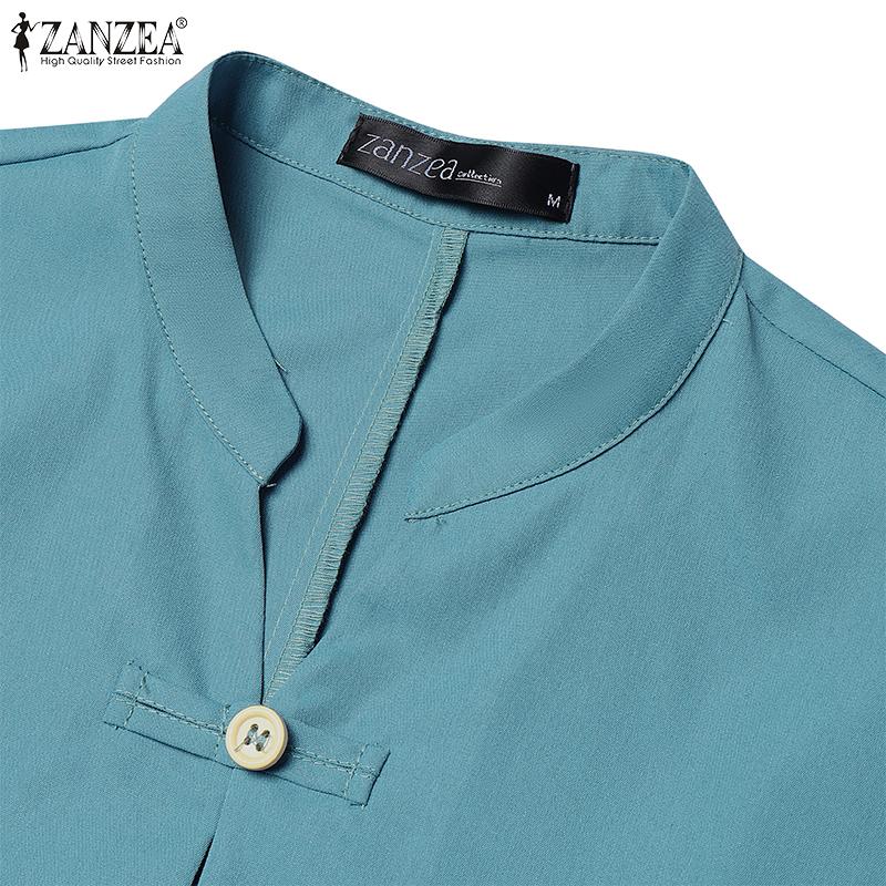 ZANZEA Women Stand Collar Casual 3/4 Sleeve Retro Sheath Dress