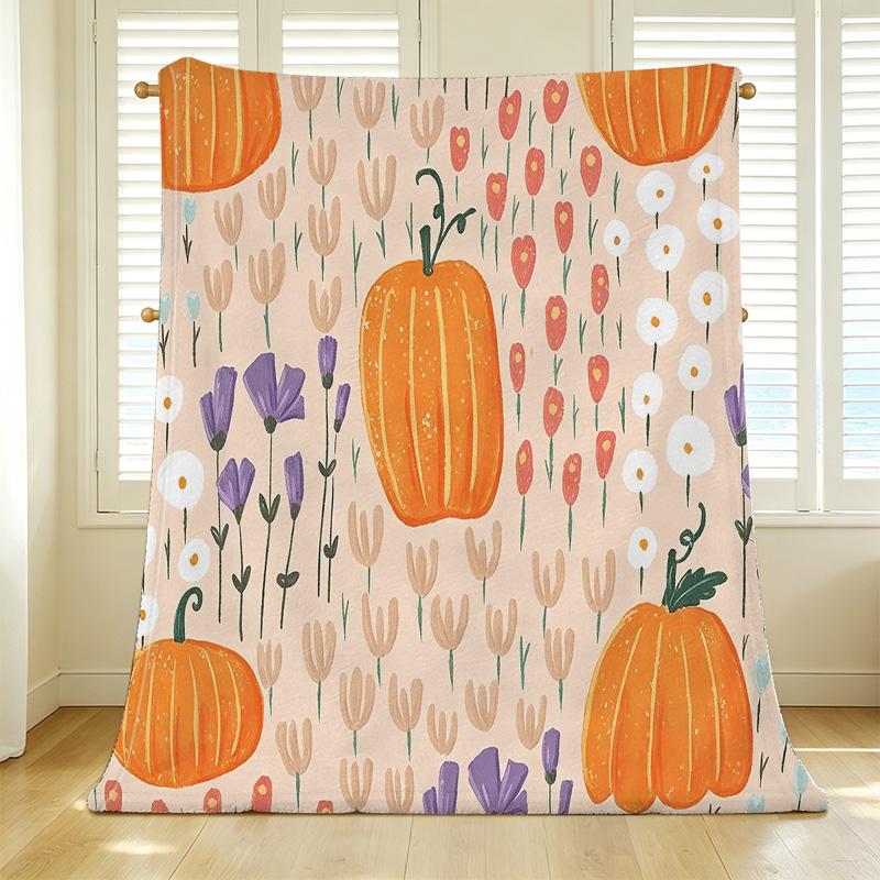Soft Flannel Blanket Pumpkin Floral, Breathable Lightweight All Seasons Throw, Cozy Warm for Home, Bedroom, Sofa & Office