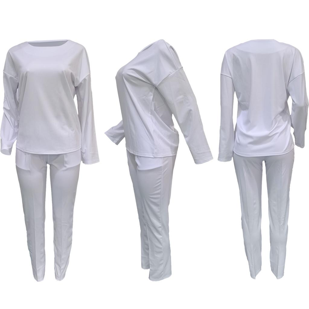 Женский комплект из двух предметов из плотной ткани Весна-Осень, Свободный топ с круглым вырезом и удобные брюки, Повседневный однотонный костюм для ежедневной носки