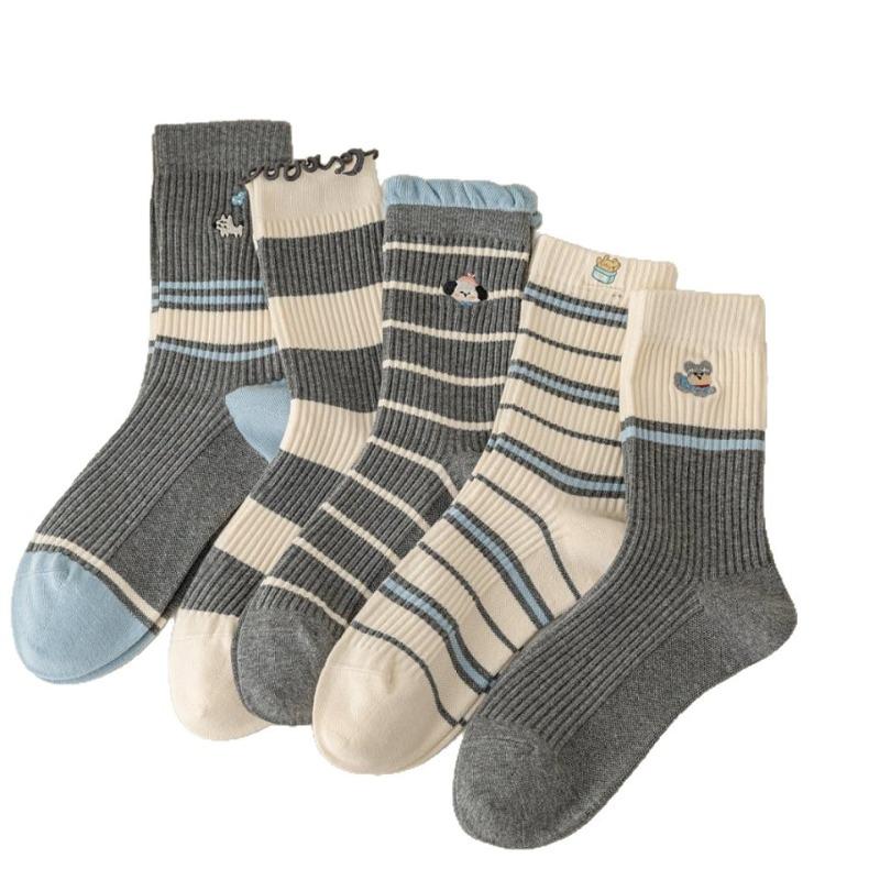 Grey Striped Socks, Women's Mid-calf Socks, Spring and Autumn Cotton Socks, Cute Cartoon Lace, Trendy Outerwear Long Socks