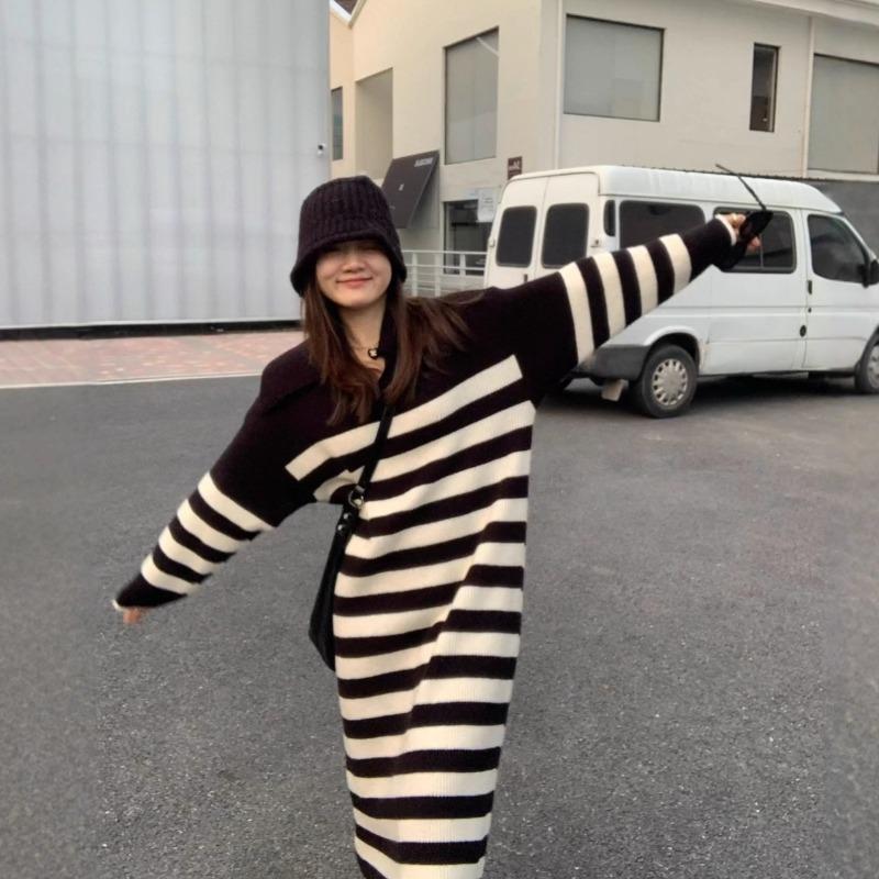 [] Black and White Striped Medium and Long Knitted Dress Autumn and Winter New Loose Lazy Sweater Skirt