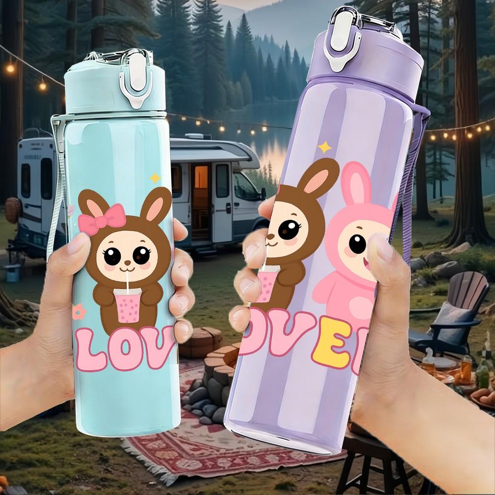 1PC Bunny Lovely Letter 750ml Color Plastic Sports Water Bottle Leakproof Flip Straw Lid Suitable for Sports Office Home Use