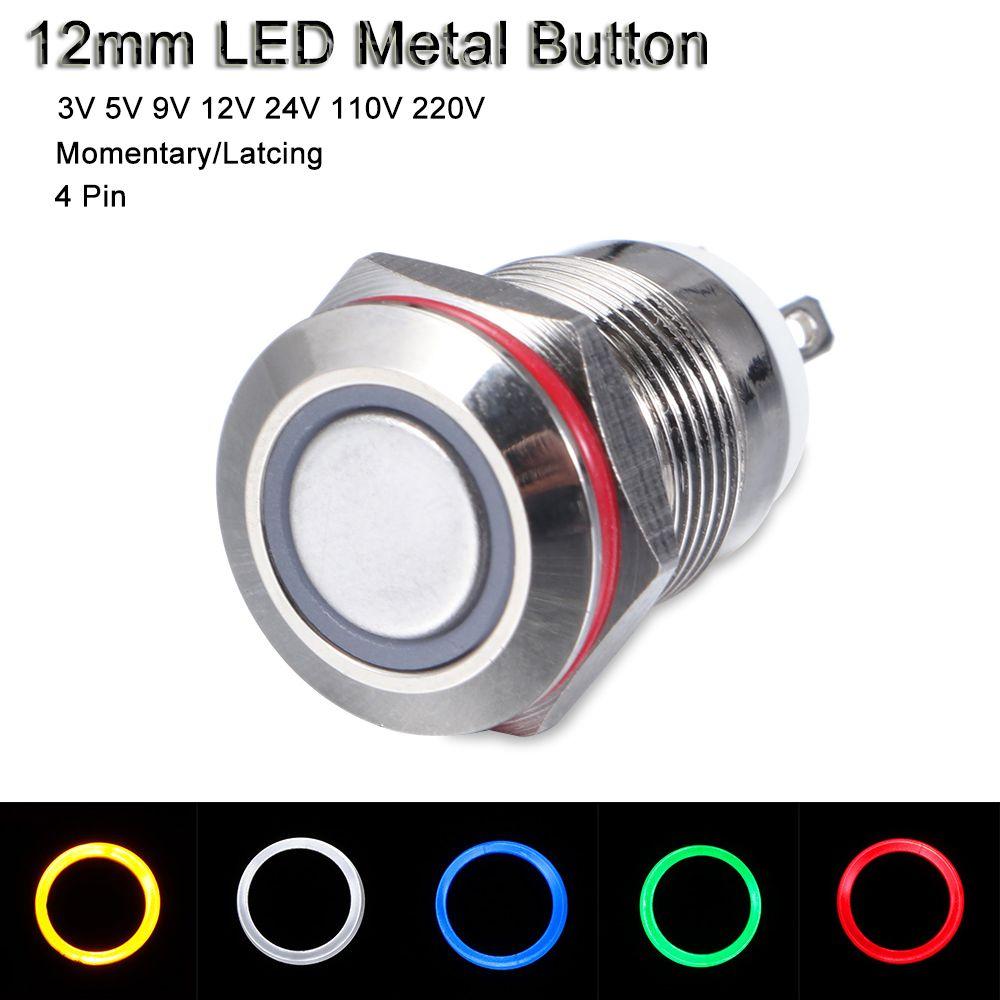 Waterproof Push 3V 5V 9V 12V 24V 110V 220V LED 12mm Metal Button Switch Momentary/Latching