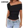 Women's One Shoulder Short Sleeve Short Top Ruffle Side Slim Solid Colour Out Short T Shirt