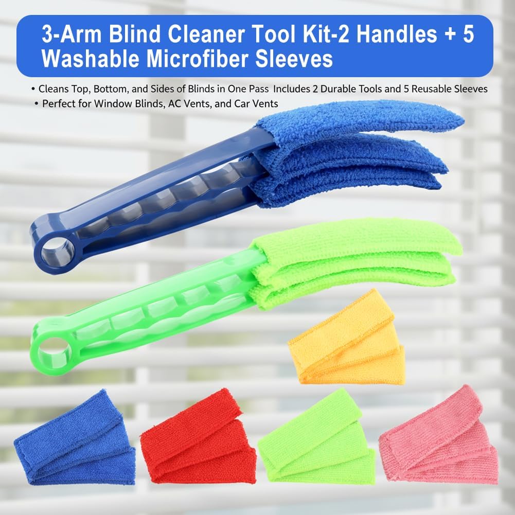 Window Blind Cleaner Duster Brush, 2 Pack Air Vent Cleaner Brush with 5 Reusable Microfiber Sleeves, Multi-Purpose Cleaning Tool for Venetian Blinds,