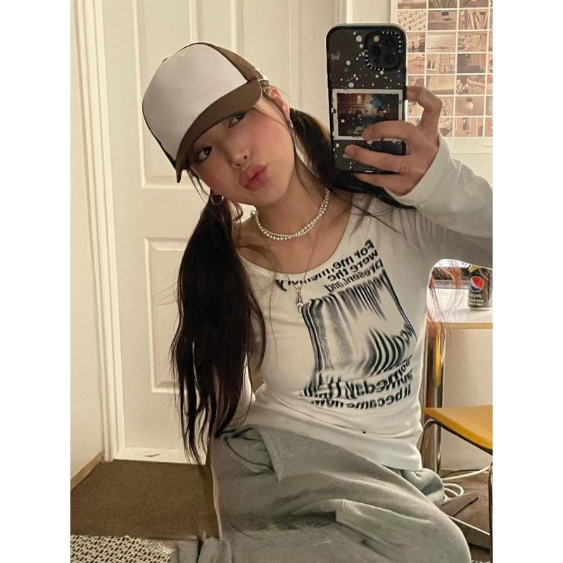 Футболка с буквенным принтом граффити, женские тонкие укороченные топы с длинным рукавом Y2K, эстетические футболки в стиле гранж, уличная одежда, футболки в стиле Харадзюку