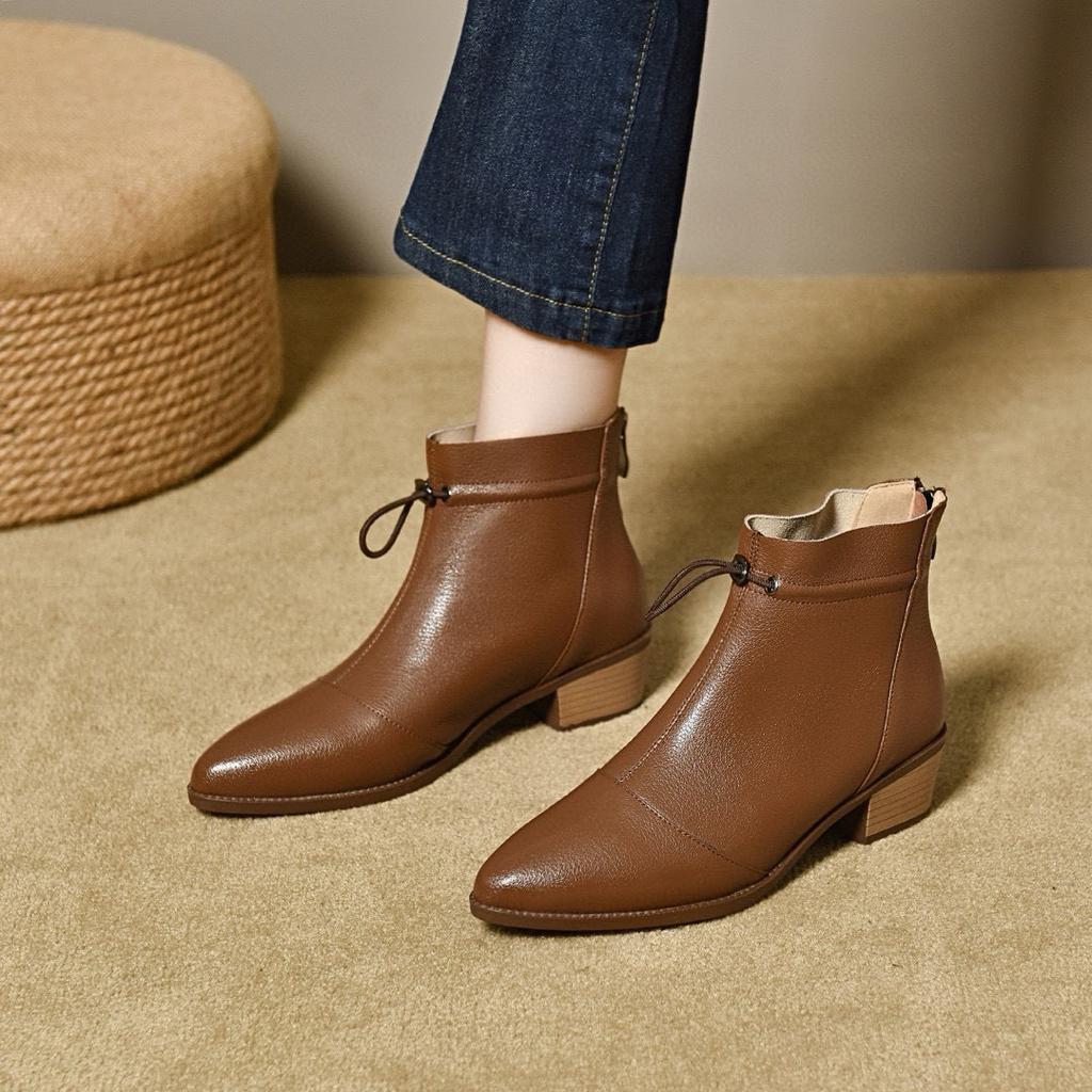 Pointed Short Boots Women's Ruffle Edge Mid-heel Leather Boots Thin Women's Cotton Boots Fashion Boots Ankle Boots Large Size Women's Shoes