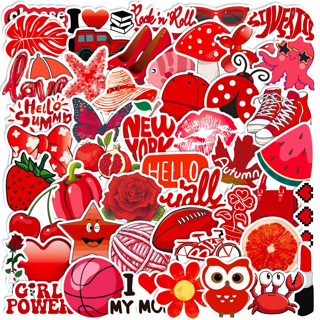 Pick Up Leaks! 50 Red Mix And Match Stickers Vsco Red Small Fresh Stickers Cute Cartoon Personalized Luggage
