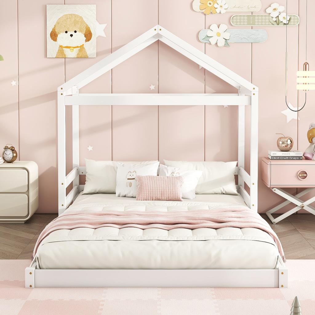 House Bed, 140 x 200 cm, Children's Bed in House Shape with Slatted Frame (without Mattress), Pine Wood, Minimalist Style, White