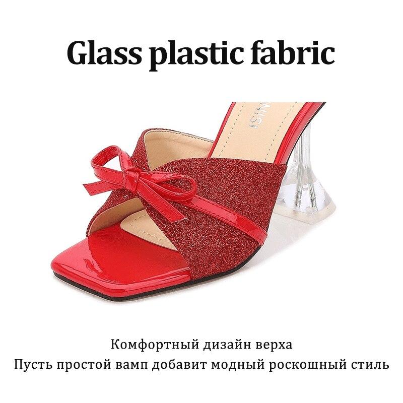 Красные сандалии на шпильке с неглубоким носком, модные модные тапочки большого размера на высоком каблуке, модные босоножки с открытым носком и бантом WZ