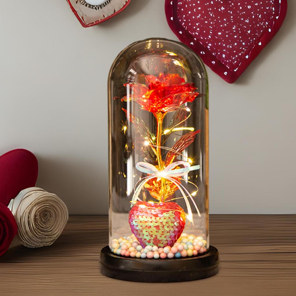 Glass Dome Artificial Flower Light up Gift for Wedding Birthday Party White Lamp
